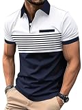 SOLY HUX Men's Golf Shirts Short Sleeve Striped Collared T Shirt Casual Work Shirts Blue and White M