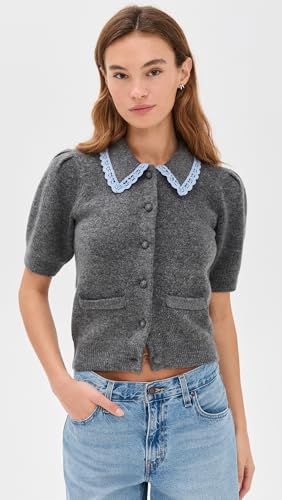 English Factory Women's Lace Trimmed Puff Sleeve Knit Cardigan2