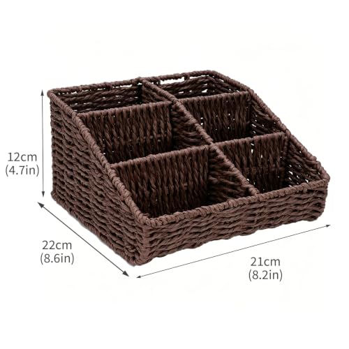 Image of Makeup Organizer, Hand-woven Wicker Basket for Dresser Vanity and Bathroom Countertop, 6 Compartment Skincare Organizer Cosmetic Display Case, Beauty Holder for Lipstick Brush Eyeshadow - Brown