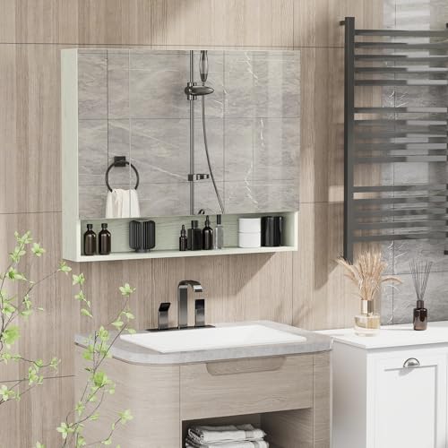 kleankin Armario de Baño con Espejo Armario de Pared con 3 Puertas Estante Ajustable y Compartimento Mueble de Baño Colgante para Salón 90x15x75 cm Blanco