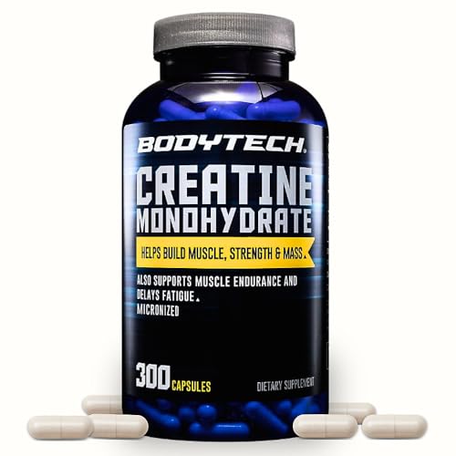 BodyTech Creatine Monohydrate Capsules, Micronized Creatine Formula for Men and Women, 2250 mg per Serving, Pre Workout & Post Workout Supplement, Gluten Free, Sugar Free, 300 Capsules Per Bottle