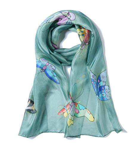Invisible World Foulard Seta da Donna 100% Lunga Dipinta a Mano con Farfalla per Collo, Testa o Capelli - Verde Celadon