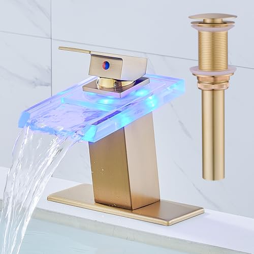 Image of AVSIILE LED Bathroom Sink Faucet, Brushed Gold, Waterfall, Open Glass Spout