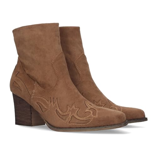 79424-Botines Camperos para Mujer de Tacon Medio con Adorno Estilo Cowboy en la Puntera y en el Talon y Cierre de Cremallera. Talla 39 Camel