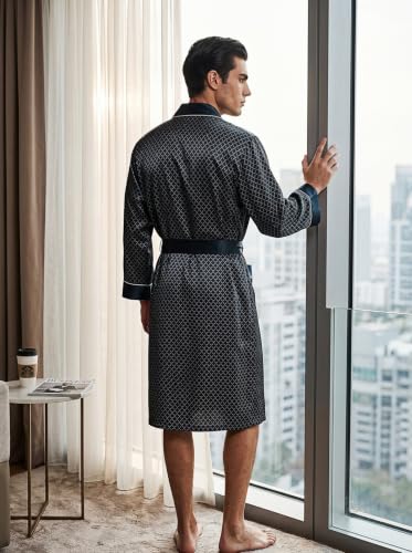 Image of Men's 100% Mulberry Silk Long Robe Kimono Paisley Print Bath Robe, Heavy Silk 19 Momme Dressing Gown