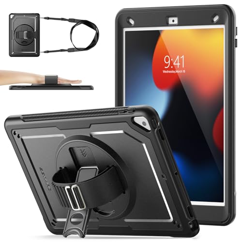 Image of SEYMAC stock Case for iPad 9th/8th/7th Generation 2021/2020/2019 (10.2 Inch), Frosting-Anti-Slip Shockproof Case with Screen Protector, 360° Rotating Hand Strap/Stand, Pencil Holder, Black