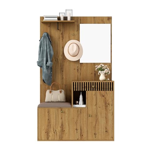 Perchero compacto con espejo y banco, armario de pasillo 110 x 185,5 x 37 cm, construcción de MDF, bisagras de cierre suave, estantes y ganchos ajustables, sistema de almacenamiento multifuncional