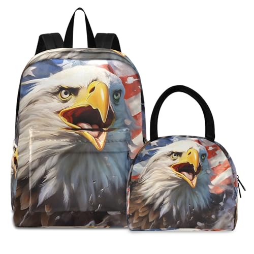 Roaring Bird American Print Backpack Set with Lunch Bag, Large Capacity Travel Backpacks and Lunch Box Insulated for Commute Hiking Picnic