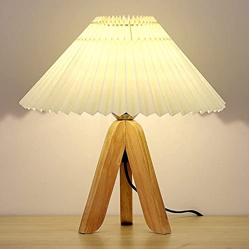 Small Table Lamp Wooden Pleated Nightstand Lamp Tripod Bedside Lamp Cute Desk Lamp for Bedroom, Home Office, Living Room, Dorm Room, Light Yellow