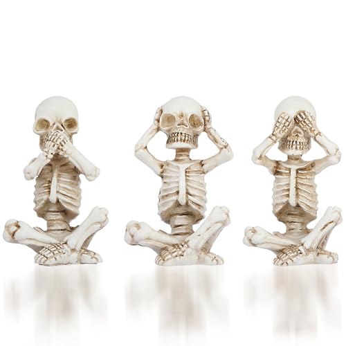 Joogour Skull Shelf Decor Yoga Skeleton Figurine Halloween Gothic Home Decor Antique Silver Accent Statue Collectible Figurines Set of 3 (White)