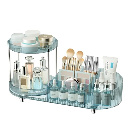 Image of Rotating Makeup Organizer for Vanity, 2 Perfume Trays with 5 Compartments Cosmetic & Skincare Storage, Space-Saving Beauty Organizer, Multi-Purpose Countertop Organizers for Bathroom, Desktop, Pantry
