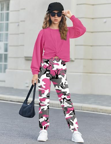 Image of NECIOUS 5t Girls Clothes Size 6 Girls Fall Outfits 2 Piece Fashion Twist Front Sweatshirt Pink Camo Sweatpants Winter Kids Clothing Sets