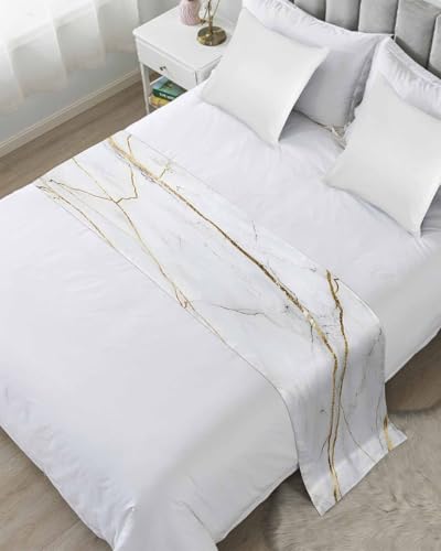 DecorLovee White Marble Pattern Bed Runners for Queen Size Bed, Decorative Bed Throws for Foot of Bed, Minimalism Abstract Texture Art Bed Runner Sofa Throw Bedding Scarf Protector for Bedroom