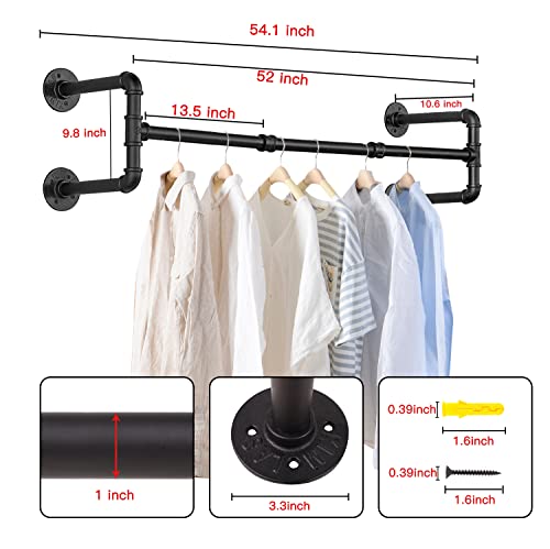 Varsoul Wall Mounted Clothes Rack - 54"Industrial Pipe Clothing Garment Rack, Space-Saving Heavy Duty Detachable Black Iron Clothes Hanger Pole, Multi-Purpose Hanging Rod For Closet Storage, 4 Base #TOP4