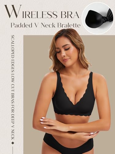 Image of Seamless Wavy Bra Wireless Jelly Bralette Low Cut Deep V Neck Bras | Adjustable Straps, Sexy Plunge Bra, Removable Pads, High Elastic Fabric, Scalloped Edges, Deep V Bras for Women No Underwire