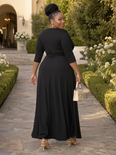 Image of SUZONANA Plus Size Maxi Dresses for Curcy Women Casual Loose 3 /4 Sleeve Long Dress with Belt
