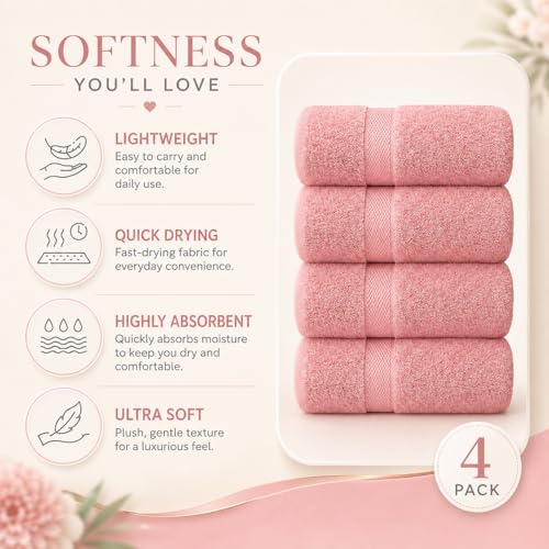 Image of Sulfar 100% Combed Cotton, Quick Drying Highly Absorbent Thick Bathroom Towels, Luxury Bath Towel Set (Pack of 4, 70 X 140 cm) - 600 GSM (Basic Pink)