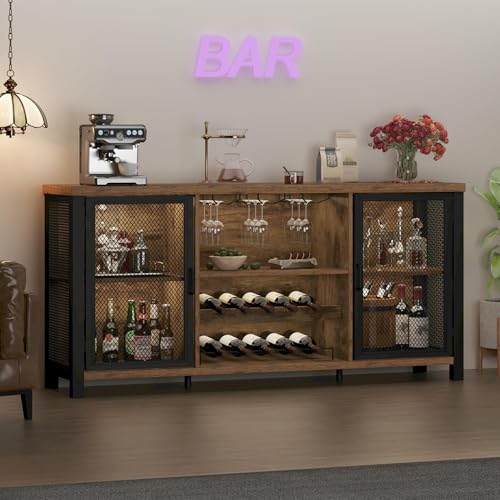 Industrial-Coffee-Bar-Cabinet-Wine-Bar-Cabinet-for-Liquor-and-Glasses-Liquor-Cabinet-with-wine-Rack-Storage-Wood-Metal-Sideboard-Buffet-Cabinet-for-Home-Kitchen-Dining-Rustic-Brown-55-Inch Industrial Coffee Bar Cabinet Wine Bar Cabinet for Liquor and Glasses Liquor Cabinet with wine Rack Storage Wood Metal Sideboard Buffet Cabinet for Home Kitchen Dining Rustic Brown 55 Inch