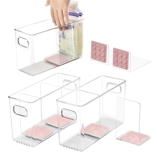Image of Breastmilk Storage Container with L Shaped Dividers to Flatten Standing Breast Milk Bags in Organizer Bins Save Refrigerator Space | 2 Containers with Removable Separator Boards - Pink