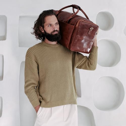 Image of Time Resistance Leather Duffel Bag - Large Weekend Gym Travel Bag (Cognac Brown)