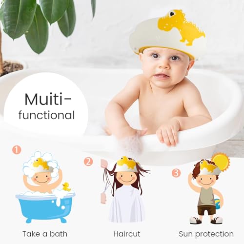Image of FUNUPUP 2 Pack Adjustable Toddler Hair Washing Bathing Cap Shield Baby Shower Visor Shampoo Cap Protect Baby Eyes (Dinosaur)