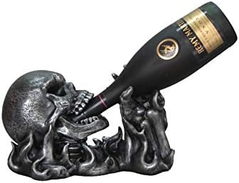 DWK – Gargle of Wine – Skeleton in Flames Tabletop Wine and Bottle Display Caddy Home Décor Dining Centerpiece Kitchen Accessory Bar Accent, Pewter Finish, 11.5-inch