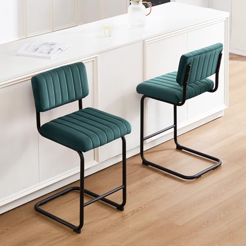 Image of ONEVOG 24 Inch Teal Counter Bar Stools Set of 2, Mid-Century Modern Counter Height Cantilever Bar Chairs for Kitchen Island, Upholstered Velvet Fabric Barstools with Back & Matte Black Metal Leg, Teal