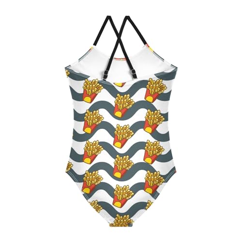 French Fries Girls One Piece Swimsuits Stripe Sport Halter Swimwear Beach Bathing Suit 7-8T Multi2