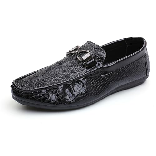 Men's Crocodile Embossed Leather Loafers Comfortable Flat Sole Dress Shoes for Business Casual Driving Daily Wear (Black,8.5)