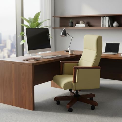 Image of High Back Executive Office Chair with Wooden Armrests & Wooden Wheel Base | Swivel, Height Adjustable Director Chair | Upholstered Ergonomic Desk Chair for Office & Home | Cream