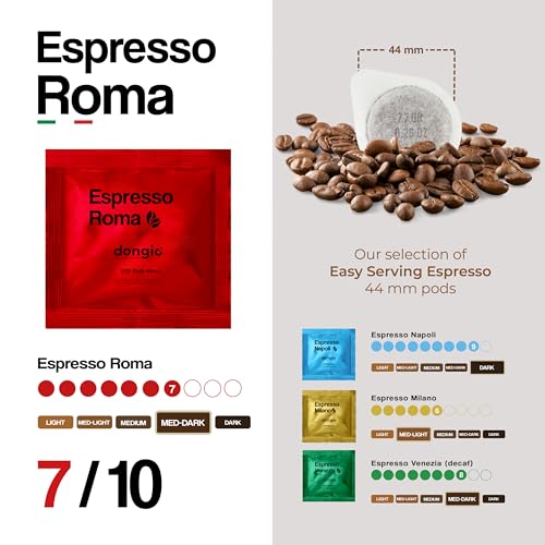 Dongiò Caffè Espresso Roma - 50 Easy Serving Espresso Pods (ESE 44mm) – Med-Dark Roast Coffee (Intensity 7/10) - Roasted and Blended in Italy