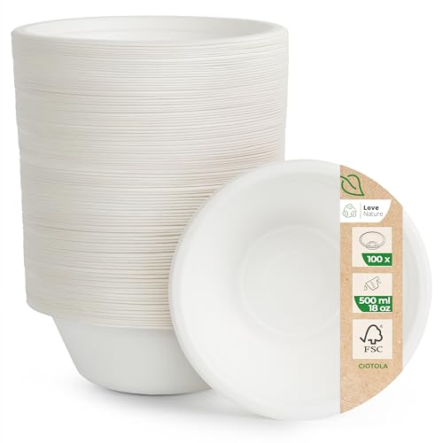 Love Nature Ciotole Usa e Getta di Polpa Canna di Zucchero 500 ml - 100 Pezzi di Ciotole Monouso Ecologico - Stoviglie Usa e Getta