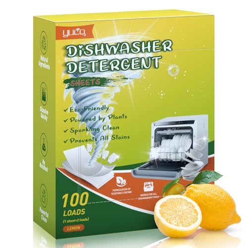 Image of YUCO Dishwasher Detergent Sheets 100 Loads, Liquid-Free Dish Soap Cleaner Strips Eco-Friendly No Plastic Dishwasher Pods Detergent, Use in Dishwasher or Sink, Leaving Dishes Sparkling Clean (Lemon)