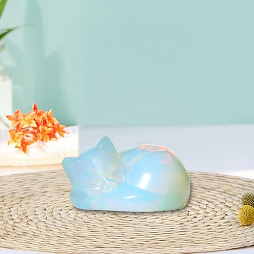 1.5" Carved Sleeping Cat Opal Crystal Kitten Statue, Moon White