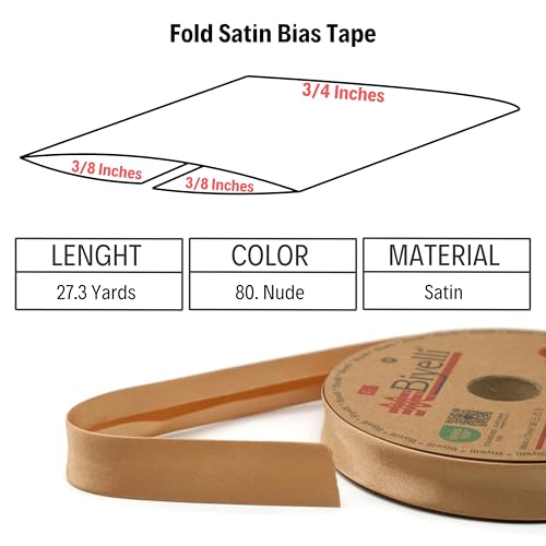 Image of Fold Satin Bias Tape - 99+ Colors - 3 /4 Inches Wide - 27 Yards - Fold Satin Binding Bias Ribbon Fabric Piping Bias Binding Tape for Sewing Clothing DIY (80. Nude) BYS80