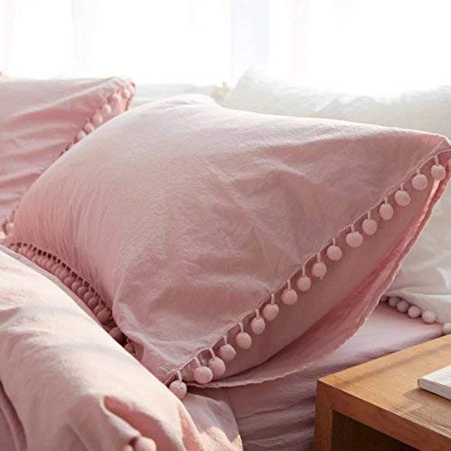 Meaning4 Pom poms Cotton Pillow Covers Pillow Covers Pillowcase Pillowslip Protector Queen/Standard Size 18.9x29.1 in Set of 2 Pink - Thumbnail 4