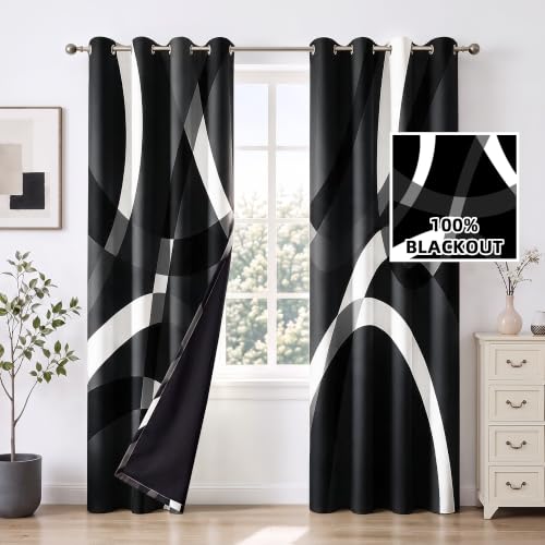 Image of weesire Black and White Blackout Curtains, 52 x 96 Inch, Grommet, 2 Panels