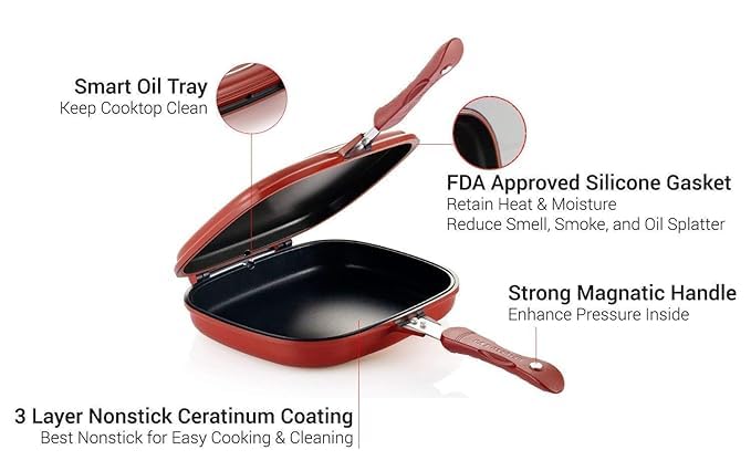 Scaroal Square Frying Pan, PFOA-Free Dishwasher Safe Nonstick Double Sided Multi Purpose Pan with Strong Magnetic Handles, Silicone Gasket, Standard (Red) 2