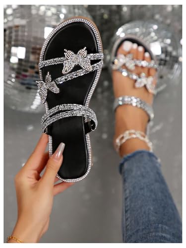 OYOANGLE Women's PU Leather Rhinestone Sandals Butterfly Strappy Flat Open Toe Elegant Slides Sandals2