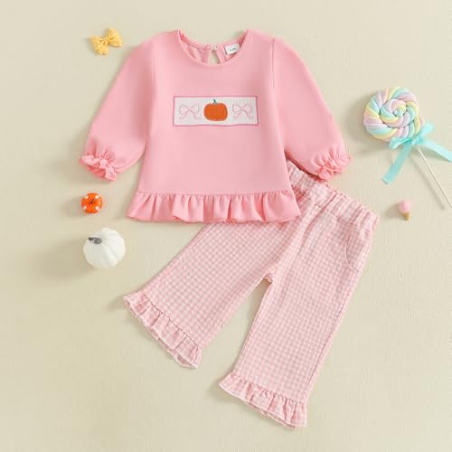 Toddler Baby Girl Halloween Outfit Smocked Pumpkin Long Sleeve Ruffle Sweatshirt Plaid Pants Set 2Pcs Fall Clothes3