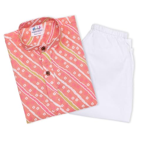Image of superminis Cotton Boys Sanganeri Lehariya Printed Kurta Set with White Pyjama Elastic Closure