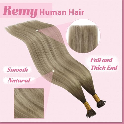 Image of YoungSee I Tip Hair Extensions Ombre Brown, Itip Hair Extensions, Ombre Dark Brown to Light Brown with Blonde, Hair Extensions Real Human Hair I Tip, 20 Inch 50 Strands 50g, for Wedding