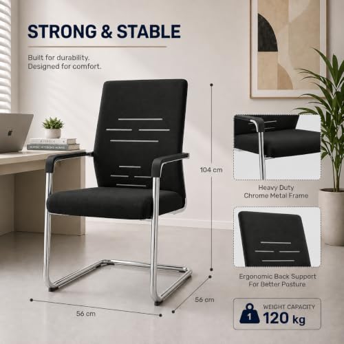 Image of OfficeElite | Ergonomic Office Chair for Home & Office | Breathable Fabric Back, Soft Cushion Seat | Heavy Duty Chrome Sled Base (120 kg Capacity, Black, Pack of 2)