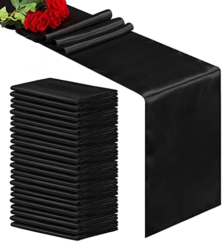 Aneco 24 Pack Satin Table Runner 12 x 108 Inch Black Long Bright Silk and Smooth Fabric Table Runner for Wedding Banquet Birthday Party Table Decoration