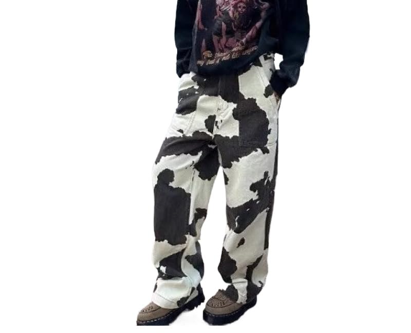 heyheyshine Cow Print Pants for Men Women Casual Wide Leg Denim Y2K Jogger Pants Streetwear Baggy Trouser with Pockets