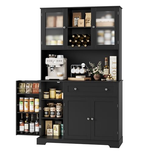 HOSTACK Kitchen Pantry Storage Cabinet with Hutch, Tall Kitchen Hutch with Microwave Stand, Food Pantry Cabinet with Doors and Shelves | Wine Rack for Dining Room, Black