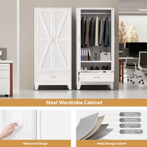 Image of Metal Wardrobe Closet for Bedroom, 71 inch Freestanding Armoire Wardrobe with Drawer and Shelf, Hanging Rod Clothing Storage Cabinet with Two Doors, Tall Farmhouse Clothes Cabinet Bedroom Armoires