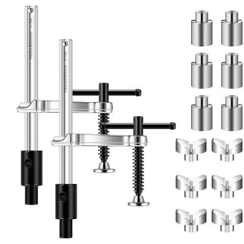 Moxweyeni 2 Pcs Welding Fixture with T-handle 12 Pcs 5/8 Inch Welding Table Fixture Pin Set Maximum Opening 6-1/2 Inch Throat Depth 3-1/4 Heavy Duty Clamp V-groove Fixturing for Weld Fabrication