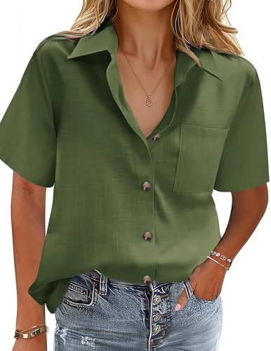 Zeagoo Blusa para mujer, informal, cuello de pico, camisa de muselina, camisa 100% algodón, camiseta de verano de manga corta, lisa, elegante, con bolsillo, Verde militar., L