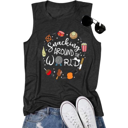 Magical Tank Tops Women Snacking Around the World Shirts Magic Kingdom T-Shirt Funny World Trips Sleeveless Tee Top Dark Grey